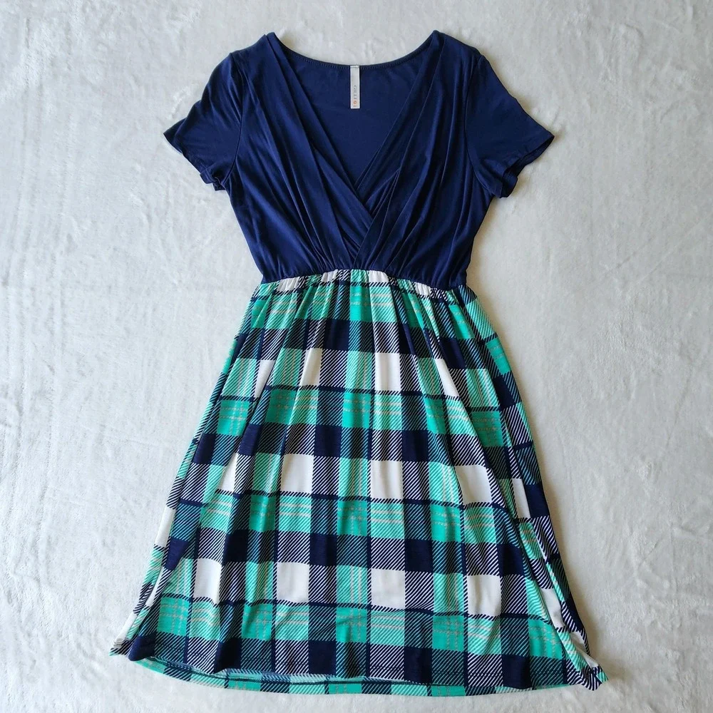 ModCloth‎ Gilli Dress Womens Small  Turquoise Plaid Stretch Comfort Party Office - Picture 5 of 14
